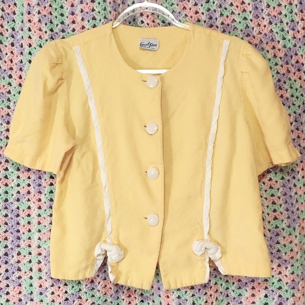 Vintage 80s Good Times Yellow Button Up Top w Bows